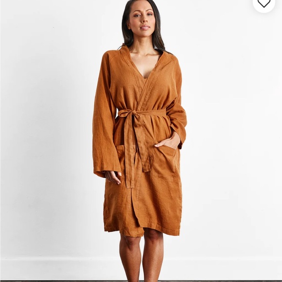 Bed Threads Rust 100% French Flax Linen Classic Robe - Picture 8 of 14